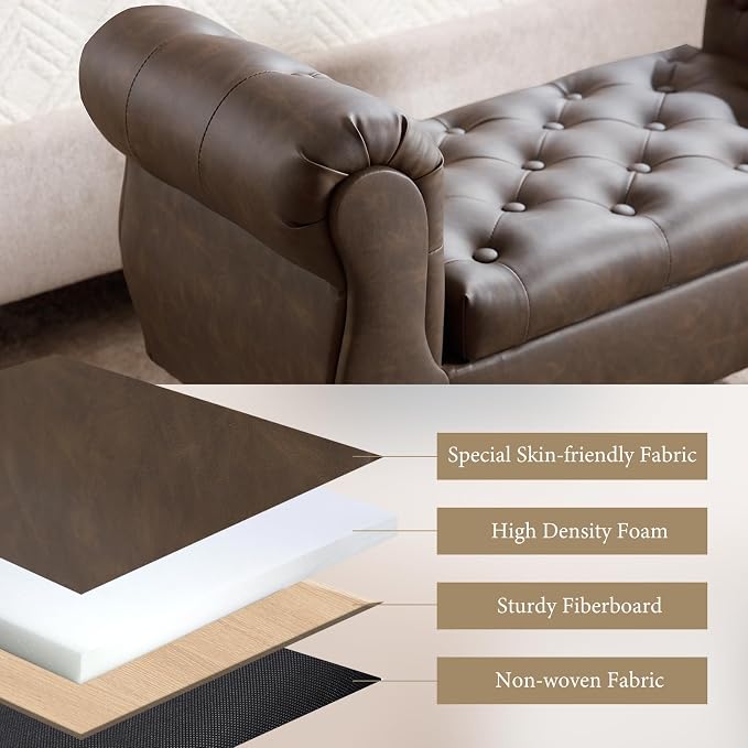 Storage Bench with Arms End of Bed Bench,Pu Leather Entryway Bench with Storage, Button Tufted Upholstered Ottoman Bench Wood Legs, Window Sitting Bench for Bedroom/Living Room/Hallway, Brown