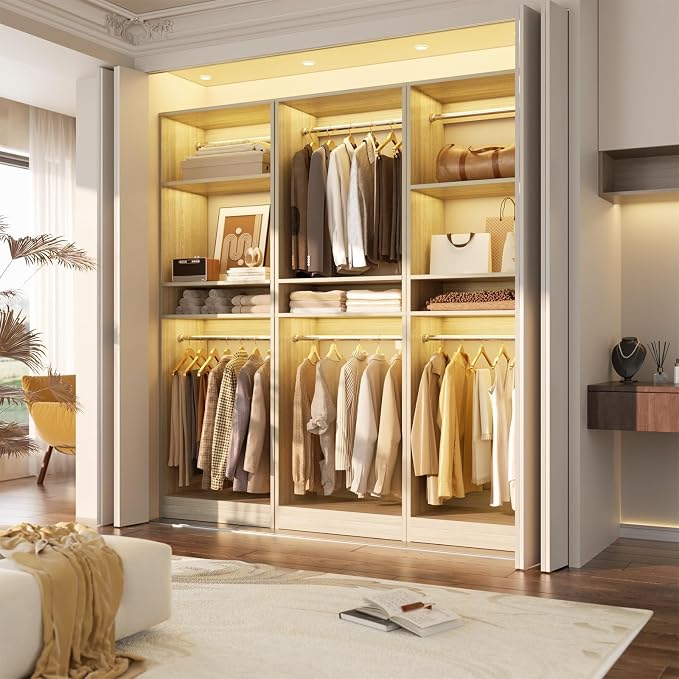 Unikito 25” Closet System, Freestanding Closets Organizer Wardrobe with Hanging Rods and Shelves, Adjustable Clothes Garment Racks, Sturdy Walk in Closet Tower, 25" W x 16" D x 80" H, White Oak