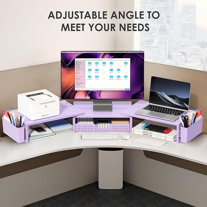 OPNICE Desk Organizers and Accessories, Dual Monitor Stand Riser with Drawer and 2 Pen Holders, Desk Shelf Computer Racks for Office Workspace Organizers, Desktop Organization (Purple)