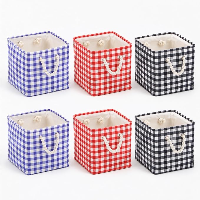 6 Pack Gingham Storage Bins, 11 Inch Cube Fabric Storage Baskets | Foldable Fabric Cube Baskets with Reinforced Handle,Checkered Classroom Storage Bins, for Shelves, Closets, Room Organization