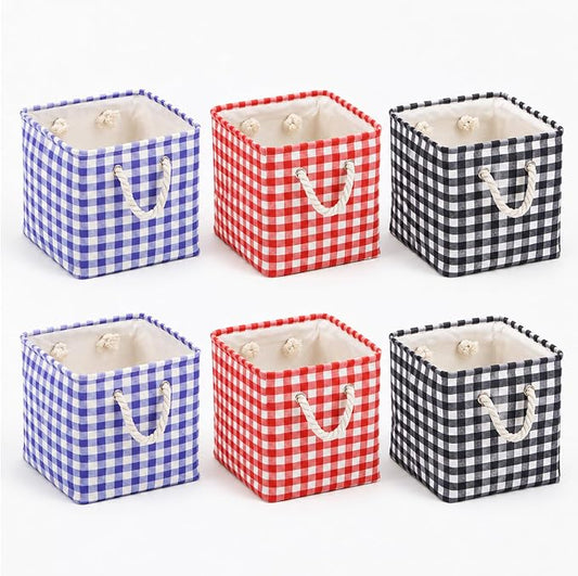 6 Pack Gingham Storage Bins, 11 Inch Cube Fabric Storage Baskets | Foldable Fabric Cube Baskets with Reinforced Handle,Checkered Classroom Storage Bins, for Shelves, Closets, Room Organization
