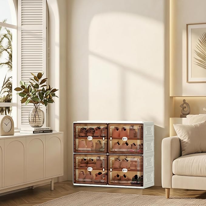 16 Pairs Foldable Shoe Cabinet with Magnetic Clear Doors, Wide Design Shoe Rack for Entryway, Portable Shoe Organizer Meeting Diverse Storage Needs
