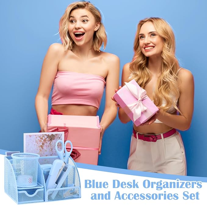 11 In 1 Blue Desk Organizer And Accessories, Light Blue Office Supplies Include Stapler, Tape Dispenser, Pen Holder, Staple Remover, Clips, Ruler, Scissors, Tapes, Tabs