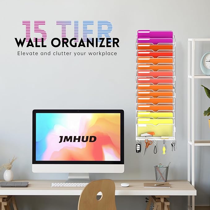 15-Tier Wall File Organizer with Base and Hooks, Hanging Organizer, White | Wall Organizer and Wall File Holder with 15 Vertical Pockets and Bottom Tray for Files, Mail, Folders, Magazines and Paper