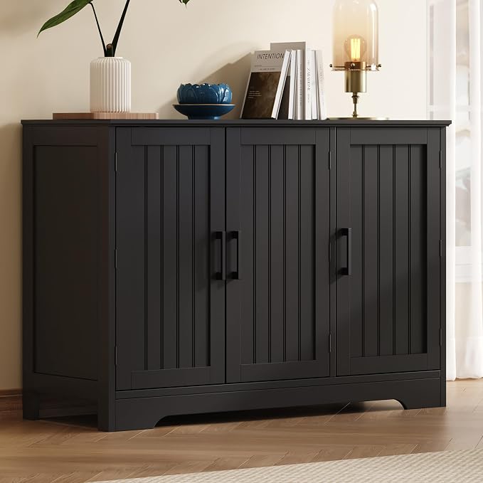 ChooChoo Modern Sideboard Buffet Cabinet with Adjustable Shelves | Coffee Bar Storage Cabinet, 3 Doors, for Kitchen, Dining Room, Living Room, Black