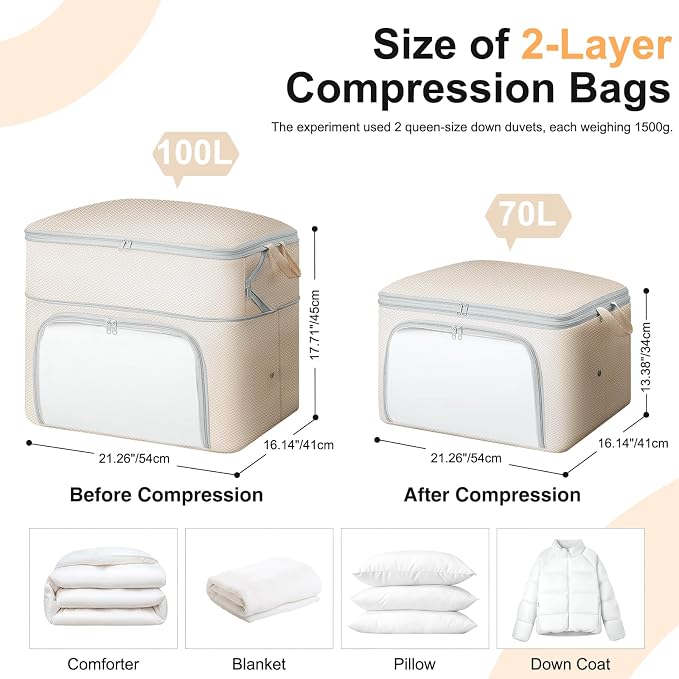 Comforter Storage Bag - Large Capacity Blanket Storage Bags Front-opening Ultra Space Saving Self Compression Organizer, Washable Compression Bags for Storage Comforter Blanket, 2 Pack, Beige