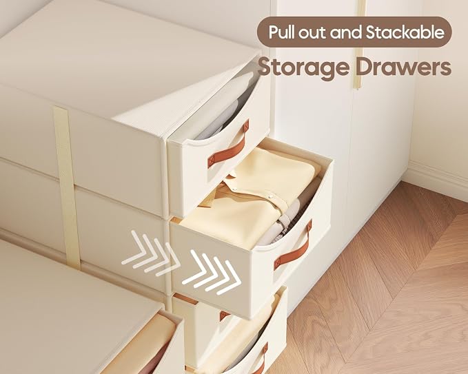 Homsorout Stackable Storage Drawers - Large Collapsible Storage Bins with Drawers, 4 Pack Closet Shelf Organizer Basket, Fabric Pull Out Organizer for Bedroom, Living Room, Dorm, Light Beige