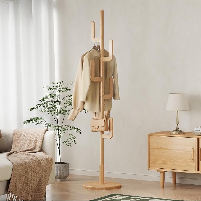 Solid Wood Cactus Coat Rack, Freestanding Coat Rack With 6 L-Shaped Hooks and 3 Adjustable Sizes, Coat Tree for Bedroom, Entryway, Livingroom, Coat Hanger Stand for Coats, Handbags (Natural)