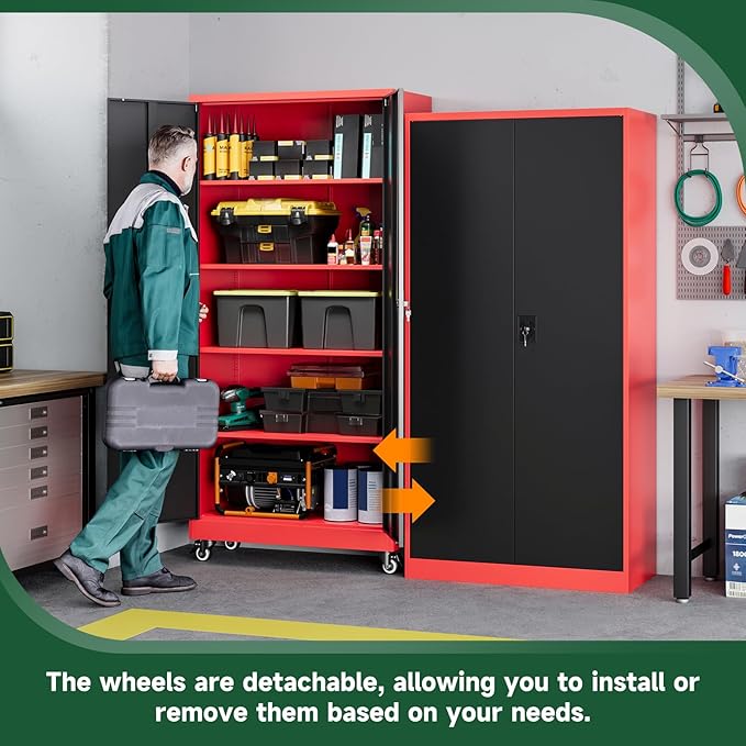 Letaya Metal Garage Storage Cabinets with Lock Door and Adjustable Shelves, Steel Tool Cabinets for Home,Office,Warehouse Organisieren (Black Red, 75" H)