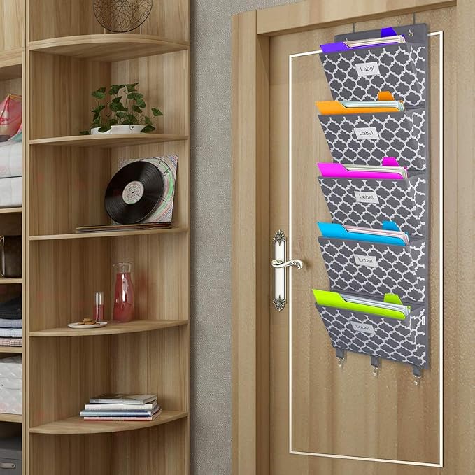 Over the Door File Organizer, Hanging File Folders, Wall Organizers and Storage for Mail, Magazine, Notebooks, Planners, Office, Classroom, 5 Extra Large Pockets (Grey Lantern Pattern)