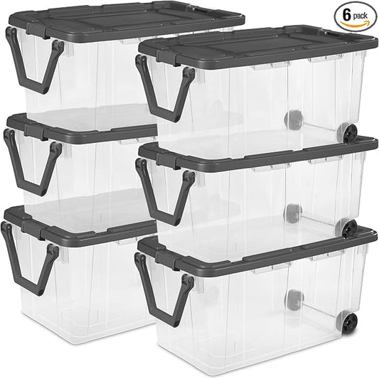 Sterilite 6-Pack Modular Stacker Box, Durable Clear Plastic Storage Bins with Latching Lids, 160 Quart - Stackable Organizing Container Boxes for Closet, Bathroom, and Office