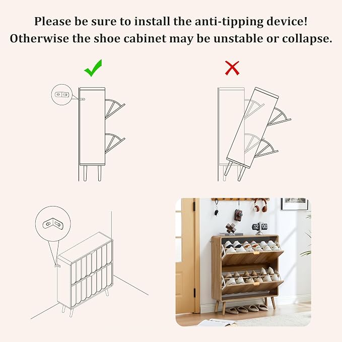 Shoe Storage Cabinet for Entryway with 2 Flip Drawers, Freestanding Narrow Wood Shoe Cabinet with Wave Panel, Hidden Shoe Organizer for Foyer, Hallway (Natural)