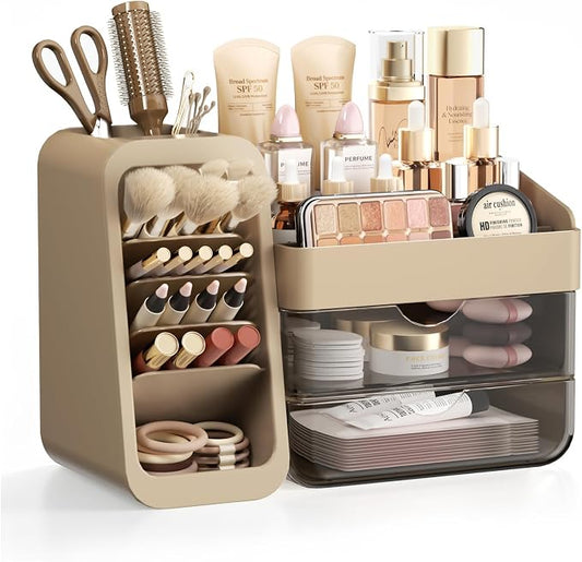 Makeup Organizer Countertop with DIY Adjustable Brush Holder for Vanity | Thickened Material, Large Bathroom Organizer Skincare Storage for Perfume, Lipstick, Nail Polish, Eyeshadow Palettes, Brown