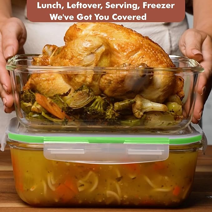 Razab 4 PC 1860ml / 63 Oz / 8 Cups Large Glass Food Storage Containers with Lids - Glass Meal Prep Containers for Roasting & Storing Leftover, Lunch Container with Lids, Microwave & Oven Safe
