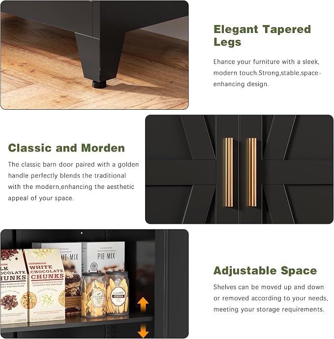 COFaR Black Farmhouse Storage Kitchen Pantry Cabinet with 2 Barn Door, 3 Adjustable Shelves and Legs, for Cupboard/Dining Room/Bathroom/Living Room/Office/Laundry Room (Black, 61" Farmhouse)