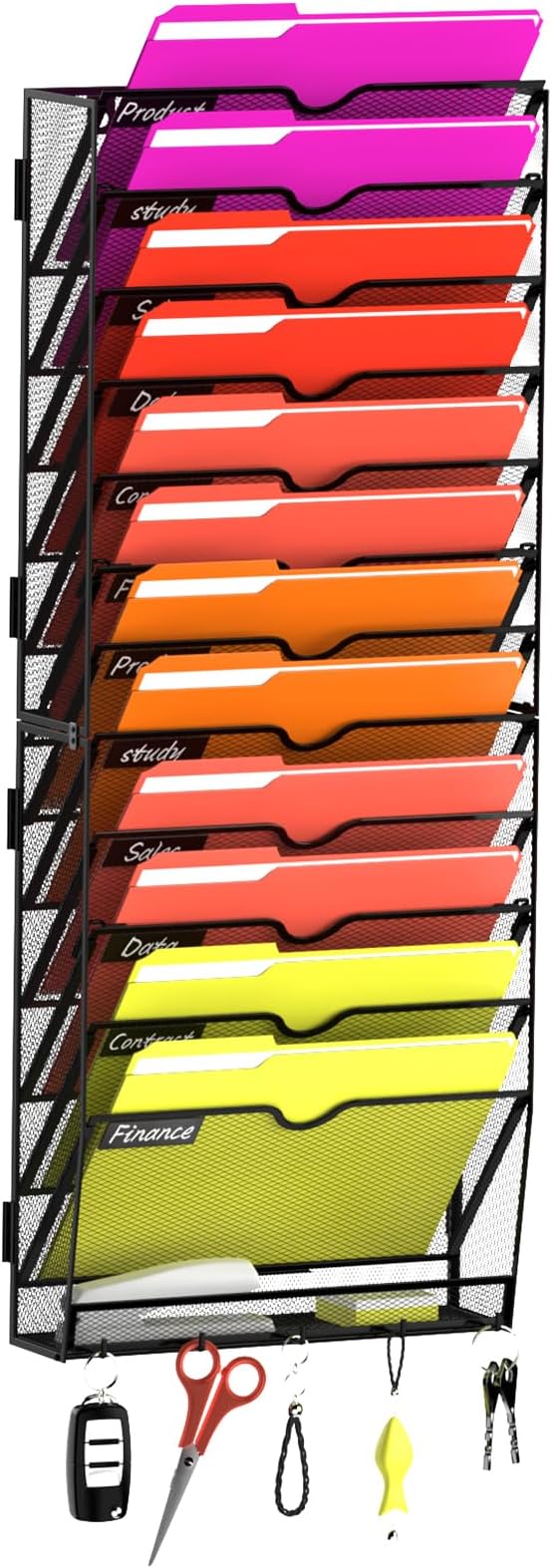 13-Tier Wall File Organizer with Base and Hooks, Hanging Organizer, Black | Wall Organizer and Wall File Holder with 13 Vertical Pockets and Bottom Tray for Files, Mail, Folders, Magazines and Paper