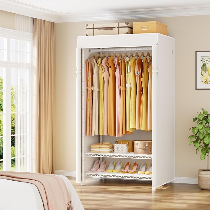 H5C Clothes Rack with Cover, Covered Clothing Rack Heavy Duty | Garment Rack with Shelves, 3-Tier Portable Closets for Hanging Clothes, Max Load 360LBS, White Closet Racks with White Cover