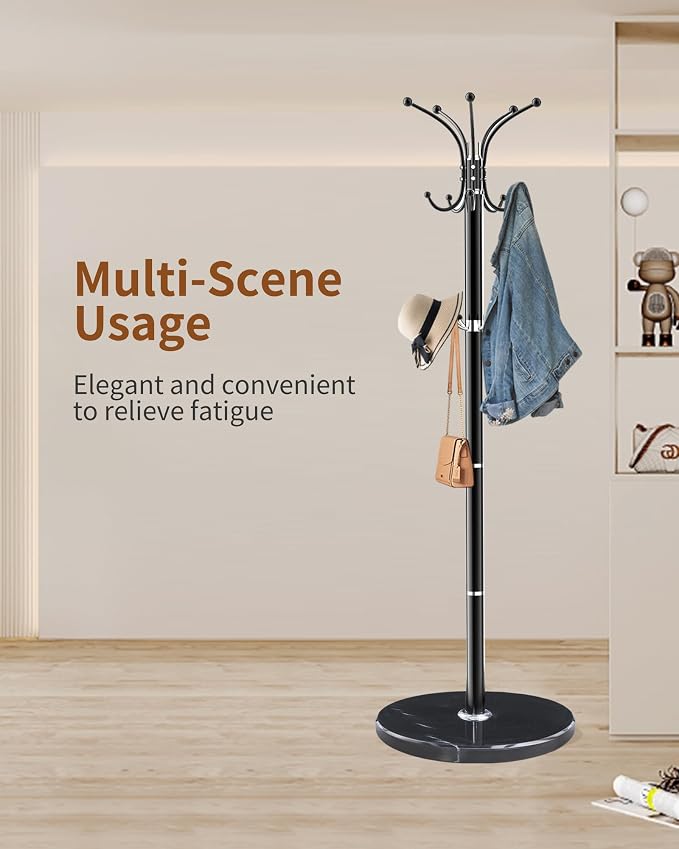 Snaikor Metal Coat Rack Stand with Natural Marble Base, Modern Coat Rack Freestanding, 360°Rotary Coat Racks with 14 Hooks, Heavy Duty Coat Hall Tree Hanger Stand for Entryway, Office