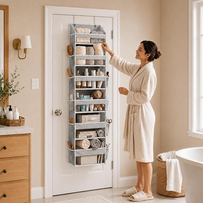 HOMELUX THEORY UPGRADED 6 Tiers Over The Door Organizer Hanging - 100D EXTRA THICK & 50lbs HUGE CAPACITY, 12 Side Mesh Pockets Over The Door Shoe Organizer, Hanging Closet Organizer (Light Gray, 1pc)