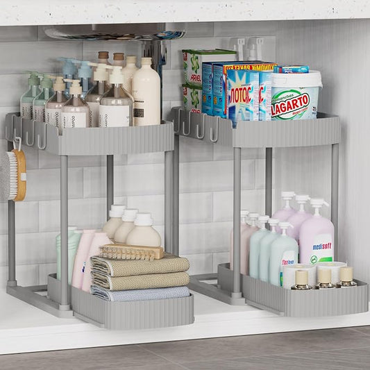 Ukeetap 2 Pack Multi-Purpose Pull-Out Storage Organizers, Under Sink Organizers and Storage for Bathroom & Kitchen, Under Cabinet Organizers and storage, 14.8 Inch, Grey