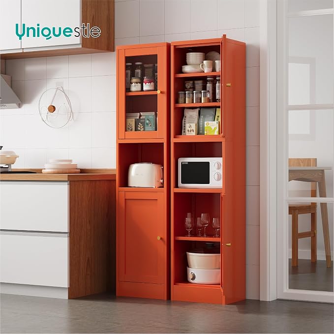 67" Tall Metal Narrow Storage Cabinet with Glass Door and Open Shelf, Shaker Style Slim Cabinet with Adjustable Shelves for Kitchen Bathroom Living Room Laundry Small Spaces, Orange, 1Pc