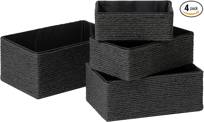 LA JOLIE MUSE Bathroom Basket Organizers, Paper Rope Storage, Black 4 Pack | Stackable, Sturdy Lined Woven Basket, Organizer for Toilet Paper, Laundry Room Essentials, Shelves and Nightstand Drawers