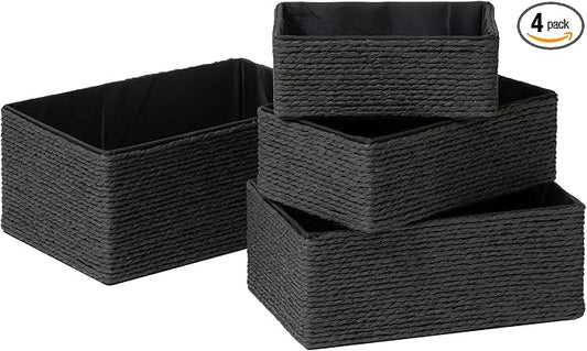 LA JOLIE MUSE Bathroom Basket Organizers, Paper Rope Storage, Black 4 Pack | Stackable, Sturdy Lined Woven Basket, Organizer for Toilet Paper, Laundry Room Essentials, Shelves and Nightstand Drawers