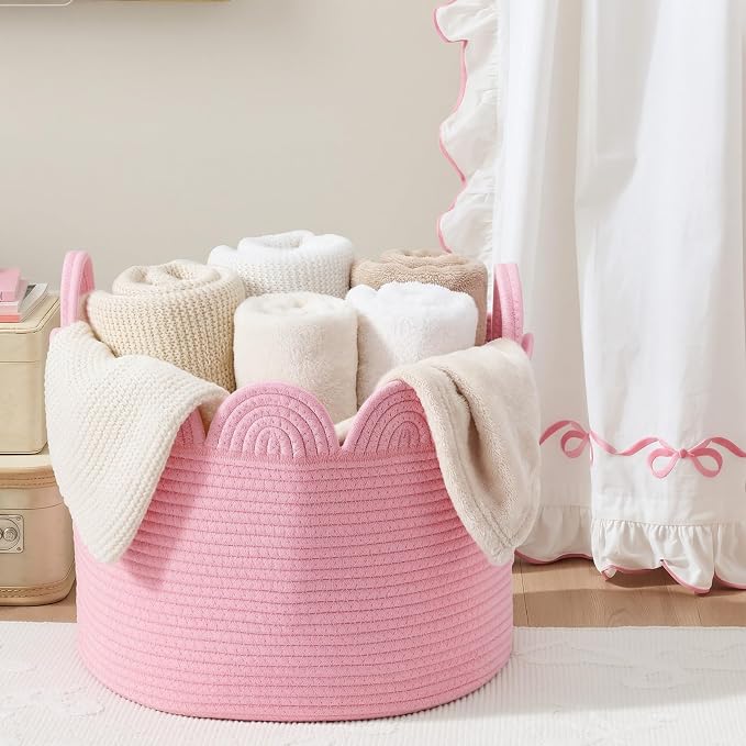 LemonRoad Pink Round Basket Large Blanket Basket 16'' x 14'' Scalloped Woven Baskets Cotton Storage Baskets for Nursery Classroom Closet Blankets Storage Home Decor