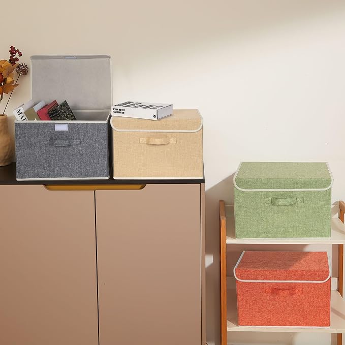 Storage Bins with Lid, Foldable Clothing Storage Box case with Handle for Books, Closet, Bedroom, Home, 4 Color Set A, 15L x 10W x 10H inch