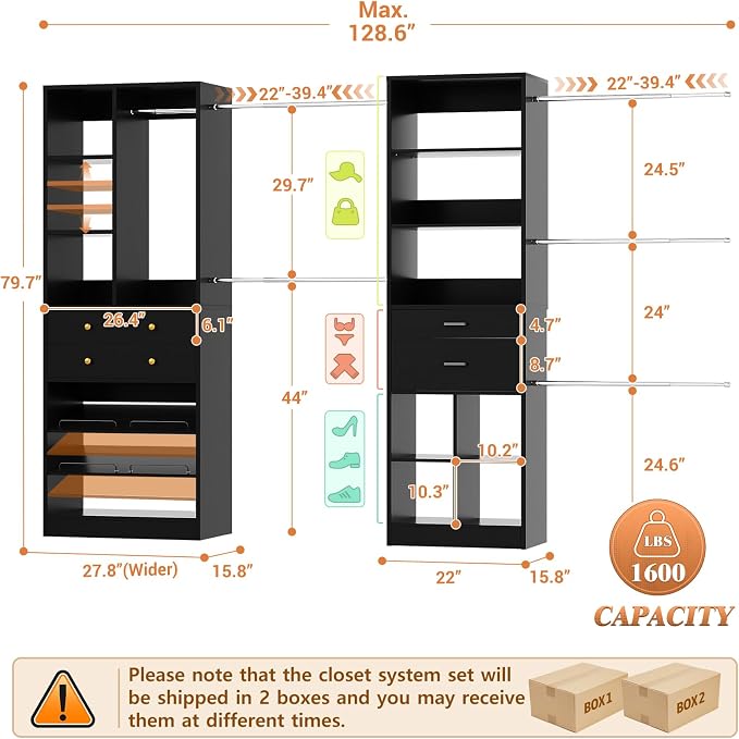 Besiost Closet System, Up to 128.6"/10.7 FT Closet Organizer with 4 Wooden Drawers and Shelves, Walk-in Closet System with 6 Hanging Rods, Built-in Closet Can Fit 96"/8FT, 120"/10FT, Black Set 2