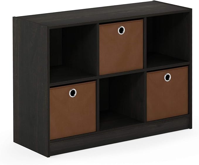 6-Cube Bookshelf with Storage Bins, Cube Bookcase, Book Shelf with Storage Bins, 11.9 x 31.6 x 23.6, for Living Room, Home Office, Espresso
