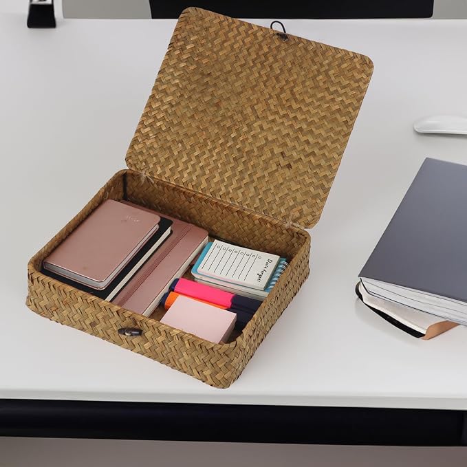 Flat Seagrass Wicker Baskets with Lids, Set of 2 | Small and Large Storage Boxes, Shelf Organizer Bins, Woven Home Storage, Stackable Flat Design, Natural Decor