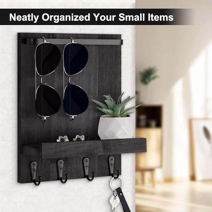 Key Holder Wall Mount, Key Holder for Wall with 4 Hooks, Farmhouse Key Hanger Holds Dog Leash, Sunglasses – Decorative Mail Organizer Home Decor (Black)