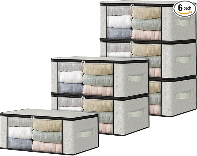 HomeHacks 6-Pack Clothes Organizer Storage Bags, 35L Storage Bins, White | Foldable Storage Box Container with Zippers, Clear Window, Reinforced Handles for Closet, Dorm, Pillows, Bedding, Sweater