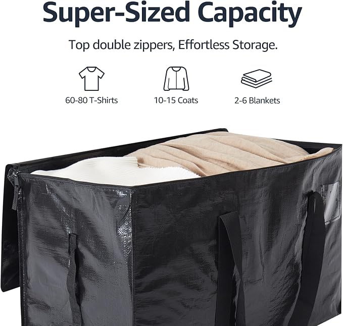 Moving Bags Heavy Duty Extra Large, Moving Boxes, Moving Supplies Essentials, Blue Storage Bins with Lids, Plastic Packing Totes, Storage Bags for Clothes with Handles & Zippers(Black, 8 Pack)