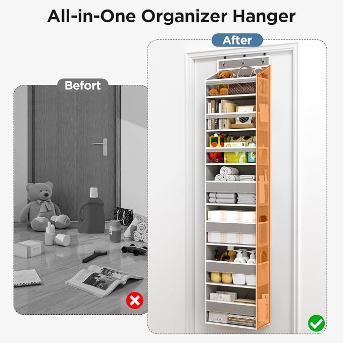 Mefirt Over The Door Organizer, 7 Tier Door Hanging Organizers with 7 Large Pockets 12 Side Pockets, Behind Door Storage Hanging Shelves for Closet Bathroom Bedroom Nursery