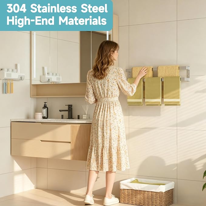 Alise Double Towel Bar, 28" Double Towel Racks for Bathroom, Brushed Nickel | Bathroom Towel Rack Wall Mounted, 3.54" Wide Faster Drying, Ladder Design, SUS304 Stainless Steel