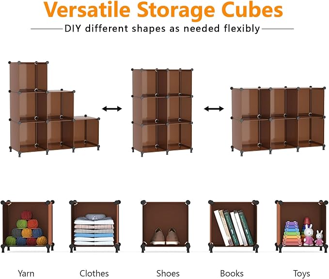 AWTATOS Closet Organizer, 6 Cube Storage Organizer, Closet Storage Shelves | DIY Stackable Closet Storage Cubes Shelf Bookshelf, Plastic Clothes Organizer Shelving for Bedroom, Home, Cocoa Brown