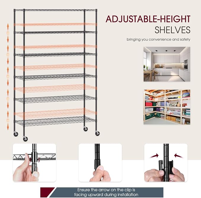 BestOffice | 6-Tier Wire Shelf with Wheels | 48" x 18" x 77" | Black | Storage Shelves with Adjustable Racks, Holds upto 600 lbs | Rust-Resistant, No-Tool Assembly | For Home, Garage