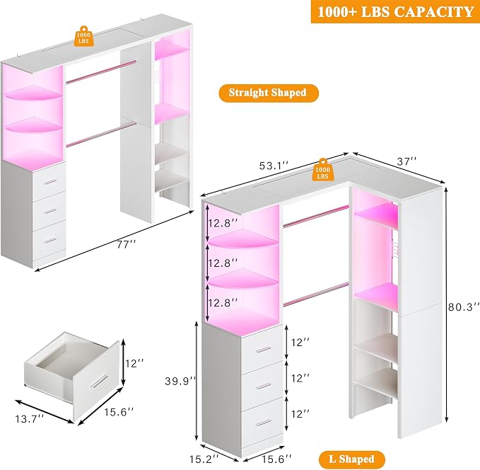 HUAHUU Large Corner Closet System with 3 Drawers and 6 Shelves, 77'' Reversible Closet Organizer System with LED Lights & 8 Jewelry Hooks, White Walk-in Closet with 3 Hanging Rods, L Shaped/Straight