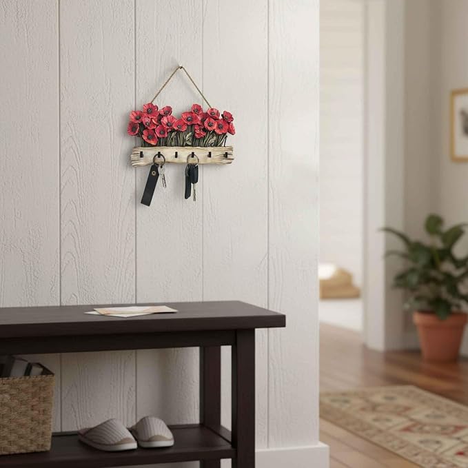 Oak & Hearth Wooden Key Holder for Wall – Rustic Poppy Flower Key Rack with 6 Hooks – Farmhouse Entryway Organizer & Wall Decor