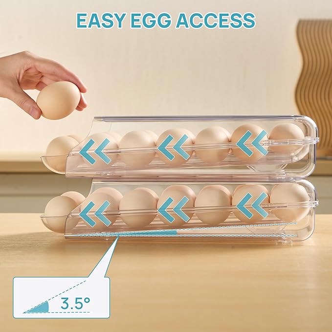 Vtopmart 1 Pack Egg Holder for Fridge, Automatic Rolling Egg Container | Stackable Clear 14-Count Eggs Organizer with Removable Inner Tray, Egg Storage for Refrigerator, Space Saving