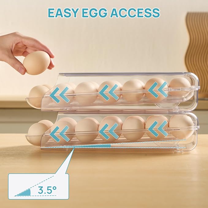 Vtopmart 2 Pack Egg Holder for Fridge, Automatic Rolling Egg Container | Stackable Clear 14-Count Eggs Organizer with Removable Inner Tray, Egg Storage for Refrigerator, Space Saving