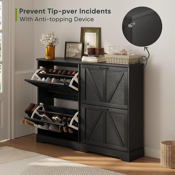 Smart FENDEE Shoe Cabinet, Shoe Storage Cabinet for Entryway with 2 Flip Drawers, Narrow Farmhouse Shoe Organizer Cabinet, Slim Shoe Rack Cabinet, 23.6in Black