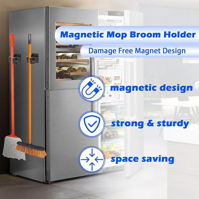 Strong Magnetic Mop Broom Holder, 2 Pack | Heavy Duty Magnetic Mop Hanger, For Refrigerators,Laundry Room Garage Kitchen Workshops
