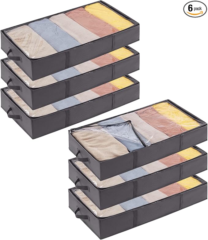 Lifewit Under Bed Storage Bag Organizer with Reinforced Handle Thick Fabric Clear Window Large Capacity Foldable Underbed Storage Container for Clothes Blankets Set of 6 Organization and Storage, Grey
