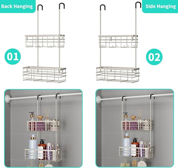 HapiRm Shower Caddy Organizer Hanging - No Drilling Shower Rack with Hooks | For Renters & Small Bathrooms, No Drilling 2-Tier Shelves, Rustproof 304 Stainless Steel, Brushed Nickel