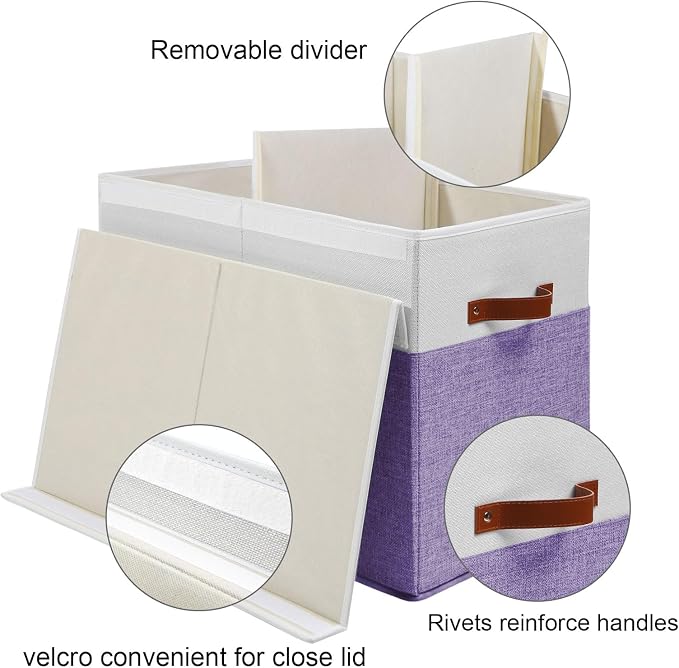 Large Toy Storage Box with Lid, Toy Chest Bin Boxes Basket with Dividers | Sturdy Toy Organizer Bin for Kids, Boys, Girls, Nursery, Living Room, Bedroom, Playroom 25"x13" x16" (Purple and White)