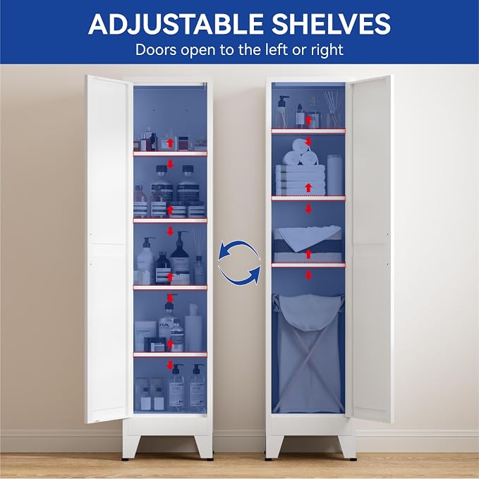 COFaR 67'' Tall Narrow Bathroom Storage Cabinet, Metal Farmhouse Skinny Pantry Cabinet with 4 Adjustable Shelves and One Door, Slim Cabinet Storage for Kitchen Laundry Garage, 5-Tier White