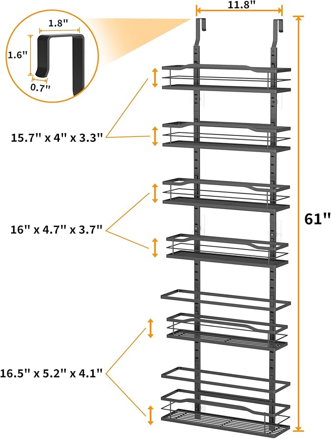 Moforoco 6-Tier Over The Door Pantry Organizer, Pantry Organization and Storage, Black Hanging Basket Cabinet Door Wall Spice Rack Shelves, Home & Kitchen Laundry Room Bathroom Essentials accessories